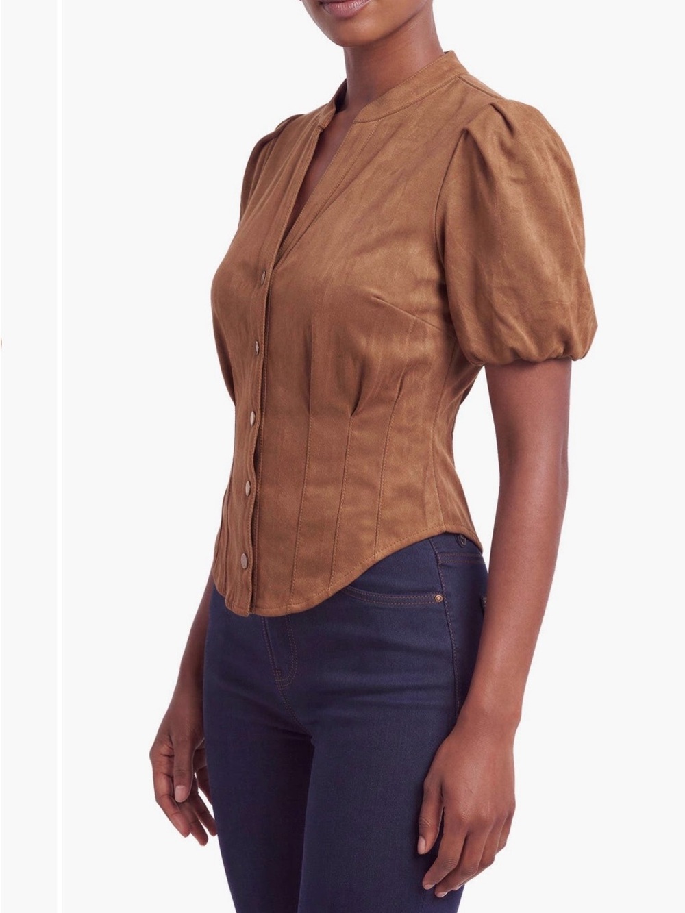 bagatelle Rust Button-Front Puff Sleeve Blouse - Picture 4 of 5